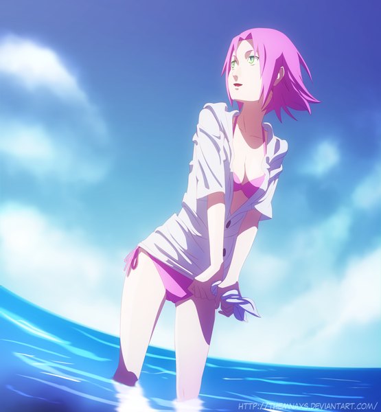 Anime picture 2500x2700 with naruto studio pierrot naruto (series) haruno sakura themnaxs single tall image highres short hair open mouth smile green eyes pink hair sky cloud (clouds) coloring girl water sea
