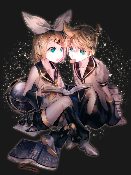 Anime picture 1200x1600 with vocaloid kagamine rin kagamine len alter (silent mute) tall image fringe short hair open mouth simple background blonde hair hair between eyes sitting holding looking away full body bent knee (knees) ponytail aqua eyes wide sleeves black background