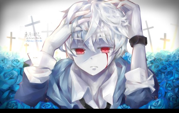 Anime picture 1250x792 with mirai nikki akise aru sevten (ashkeroth) single short hair red eyes white hair pale skin bloody tears boy blood cross blue rose