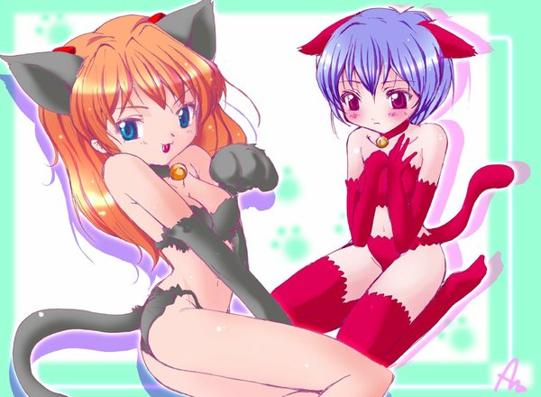 Anime picture 1024x751 with neon genesis evangelion gainax soryu asuka langley ayanami rei light erotic animal ears cat girl girl thighhighs gloves elbow gloves collar