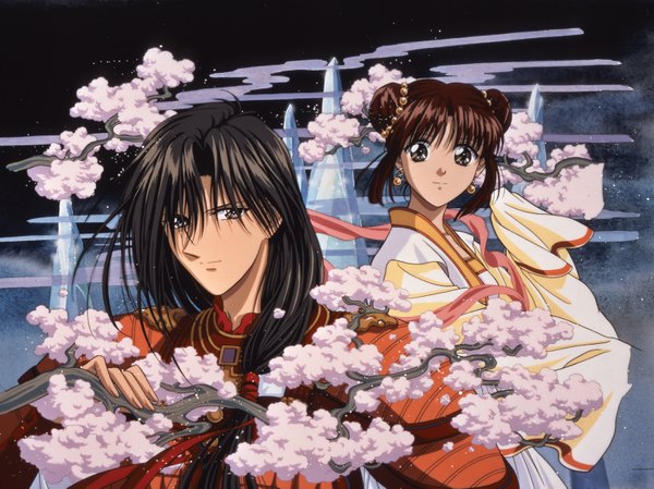 Anime picture 3000x2249 with fushigi yuugi yuuki miaka hotohori highres black hair brown hair traditional clothes cherry blossoms girl boy