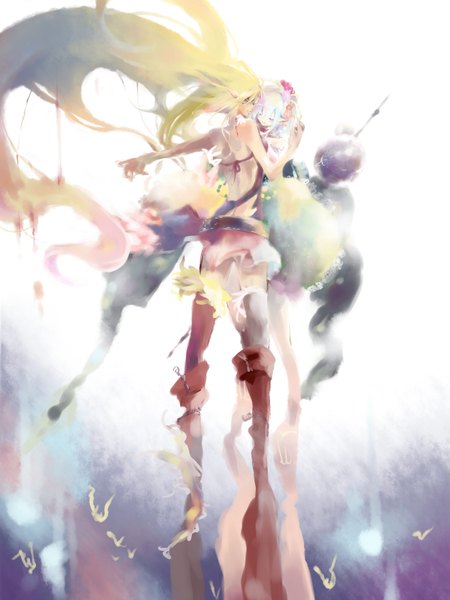 Anime picture 1500x2000 with original maniko long hair tall image blue eyes blonde hair simple background multiple girls yellow eyes white hair pointy ears abstract girl ribbon (ribbons) 2 girls miniskirt boots