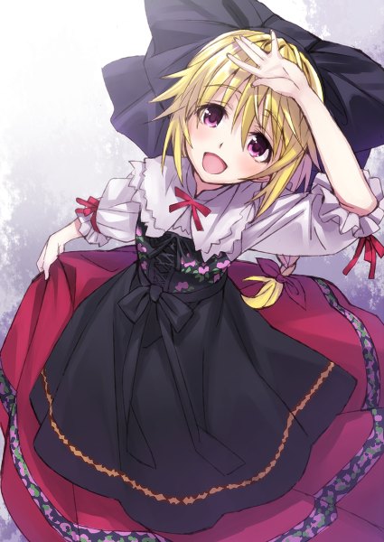 Anime picture 850x1200 with infinite stratos 8bit charles dunois matsuryuu single long hair tall image looking at viewer blush open mouth blonde hair purple eyes braid (braids) traditional clothes from above single braid looking up hand on head girl dress