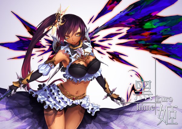 Anime picture 1800x1273 with original curry bowl long hair looking at viewer fringe highres light erotic simple background standing bare shoulders yellow eyes purple hair grey background bare belly sleeveless side ponytail girl skirt gloves navel
