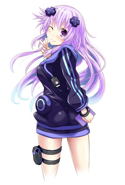 Anime picture 800x1180 with choujigen game neptune neptune (choujigen game neptune) shinjitsu (true ride) single long hair tall image blush fringe simple background smile white background purple eyes holding purple hair ass one eye closed looking back wink from behind victory