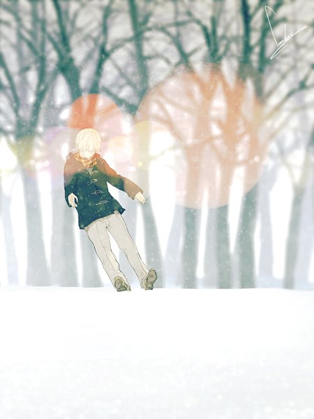 Anime picture 1200x1600 with original loundraw single tall image short hair blonde hair signed depth of field lens flare snowing winter snow bare tree falling no face faceless male boy plant (plants) tree (trees) shoes