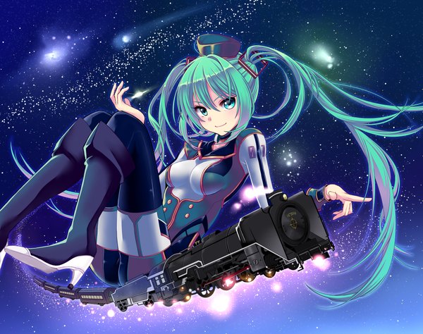 Anime picture 2223x1759 with vocaloid hatsune miku yami (m31) single looking at viewer highres smile twintails very long hair aqua eyes aqua hair space girl hat boots pilot suit train