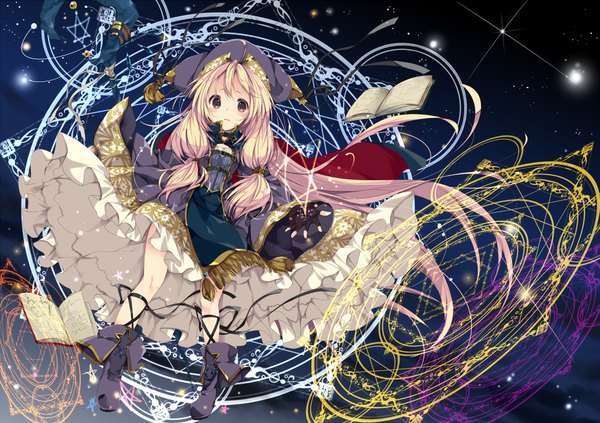 Anime picture 1025x724 with original umino mizu single looking at viewer blonde hair red eyes very long hair magic dark background girl dress boots book (books) magic circle