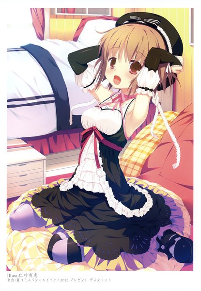 Anime picture 2406x3475 with original nimura yuuji single tall image blush highres short hair open mouth red eyes brown hair scan girl dress detached sleeves bed beret