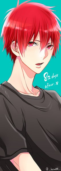 Anime picture 429x1200 with kuroko no basket production i.g akashi seijuurou heine (pixiv829991) single tall image looking at viewer short hair open mouth simple background red eyes red hair portrait boy t-shirt