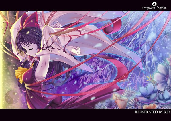 Anime picture 1024x724 with touhou hakurei reimu caidychen single long hair purple hair eyes closed armpit (armpits) arms behind head girl dress flower (flowers) bow ribbon (ribbons) hair bow detached sleeves