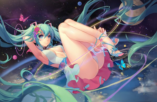 Anime picture 1100x712 with vocaloid hatsune miku atdan single looking at viewer fringe breasts light erotic smile twintails bare shoulders bent knee (knees) ass very long hair hair flower aqua eyes aqua hair bare legs high heels symbol-shaped pupils