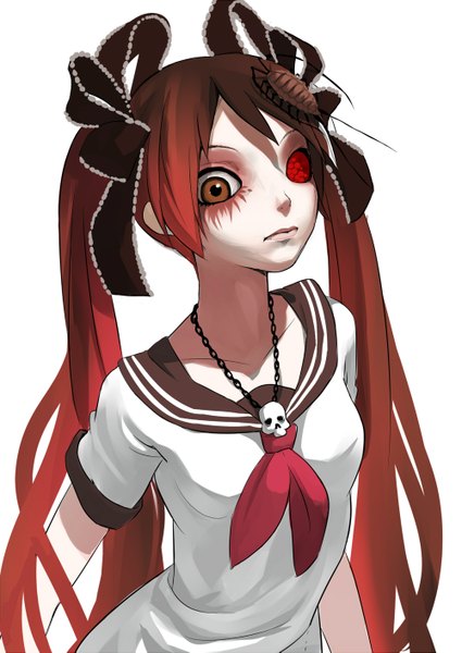 Anime picture 1000x1413 with vocaloid bacterial contamination (vocaloid) hatsune miku calcium fkey tall image looking at viewer simple background white background twintails brown eyes red hair very long hair profile lips girl ribbon (ribbons) hair ribbon insect necklace