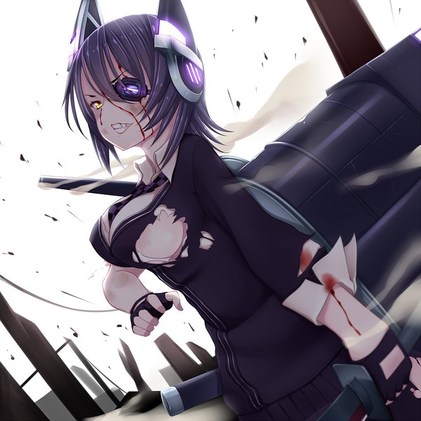 Anime picture 1200x1200 with kantai collection tenryuu light cruiser kiyomin single short hair breasts light erotic large breasts yellow eyes purple hair grin torn clothes girl gloves fingerless gloves blood eyepatch