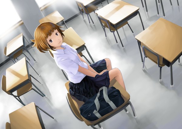 Anime picture 3000x2121 with original hitori (htr t) single highres short hair blue eyes brown hair sitting girl skirt uniform school uniform shirt school bag desk