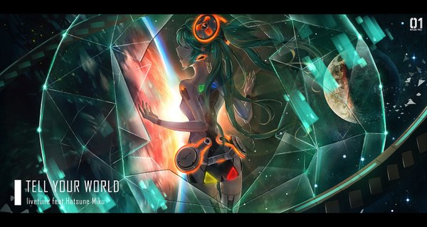 Anime picture 1500x800 with vocaloid tell your world (vocaloid) hatsune miku lu'' single long hair open mouth light erotic wide image twintails eyes closed green hair from behind inscription space girl headdress moon star (stars) bodysuit