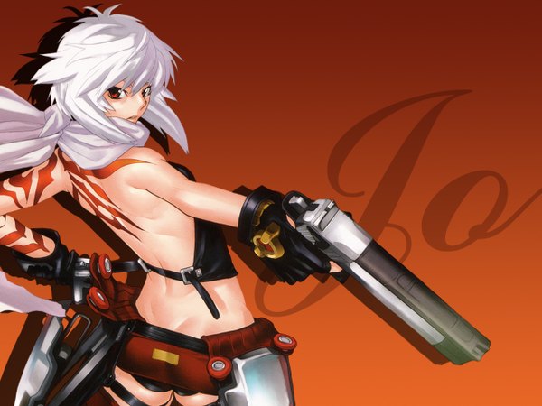 Anime picture 1280x960 with bakuretsu tenshi jo (bakuretsu tenshi) single short hair white hair wallpaper dimples of venus scarf gun pistol