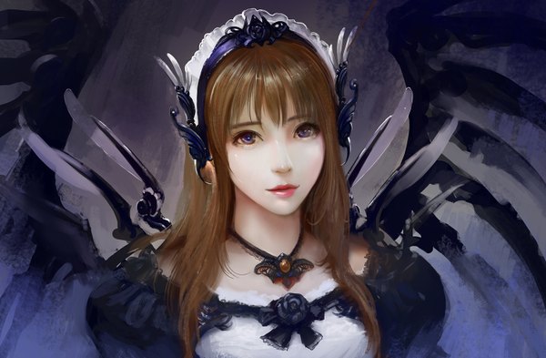Anime picture 1400x918 with turewindwalker single long hair looking at viewer fringe smile brown hair purple eyes realistic close-up mechanical wings girl flower (flowers) wings headdress rose (roses) maid headdress necklace black rose