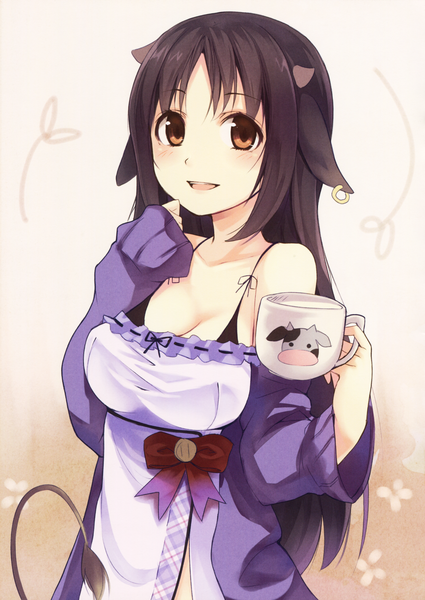 Anime picture 2126x2999 with original lamina (artbook) kyuri single long hair tall image looking at viewer blush highres breasts open mouth black hair simple background large breasts holding brown eyes animal ears tail animal tail horn (horns)