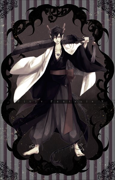 Anime picture 1200x1872 with original pixiv fantasia pixiv fantasia v azuma yuuki tall image short hair black hair standing japanese clothes animal tail barefoot horn (horns) pointy ears striped striped background boy bow weapon sword belt