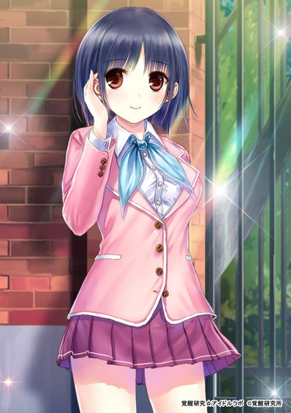 Anime picture 1839x2602 with original kazuharu kina single tall image looking at viewer blush highres short hair smile red eyes blue hair girl skirt uniform school uniform