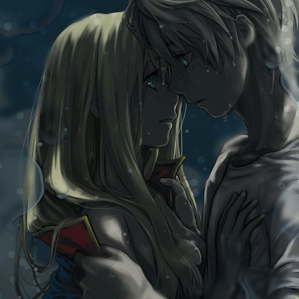 Anime picture 1000x1000 with aldnoah.zero a-1 pictures slaine troyard asseylum vers allusia nana (t-a-f) long hair short hair open mouth blue eyes light erotic blonde hair holding looking away open clothes open jacket wet dark background wet clothes eye contact girl