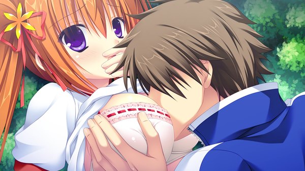 Anime picture 1024x576 with lovely quest long hair breasts light erotic wide image twintails purple eyes game cg orange hair girl boy ribbon (ribbons) hair ribbon