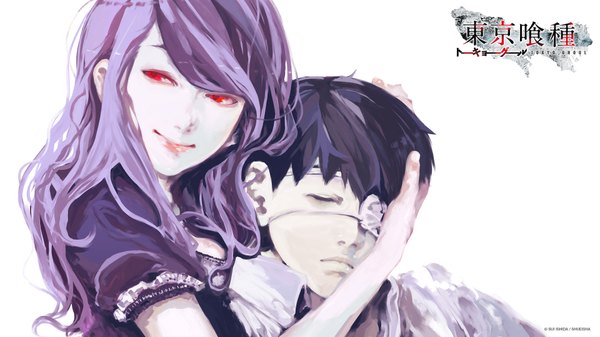 Anime picture 1920x1080 with tokyo ghoul studio pierrot kaneki ken kamishiro rize sui ishida long hair highres short hair black hair red eyes wide image white background looking away purple hair eyes closed light smile open clothes official art open shirt wallpaper