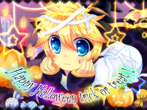 Anime picture 1333x1000 with vocaloid kagamine len mamakari single fringe short hair blue eyes blonde hair hair between eyes looking away lying symbol-shaped pupils halloween on stomach chin rest happy halloween trick or treat boy food sweets