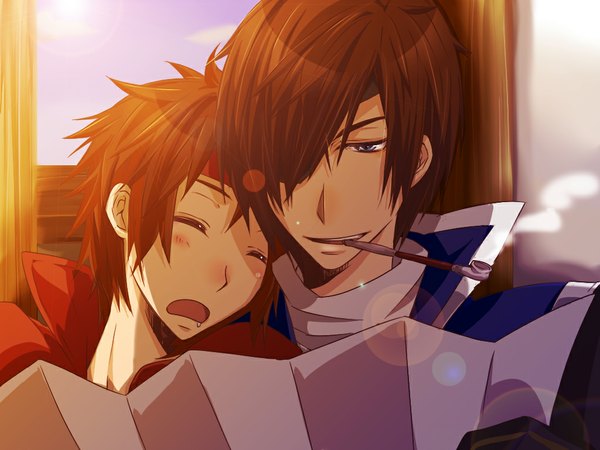 Anime picture 1024x768 with sengoku basara production i.g date masamune sanada yukimura skrbyrn fringe short hair open mouth brown hair eyes closed hair over one eye mouth hold sleeping smoking shounen ai boy choker pipe kiseru hachimaki