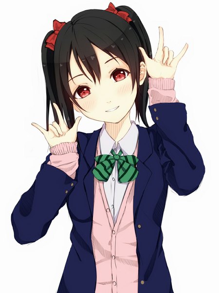 Anime picture 800x1066 with love live! school idol project sunrise (studio) love live! yazawa nico 96tuki single tall image blush short hair black hair simple background smile white background twintails short twintails mmm girl uniform bow hair bow