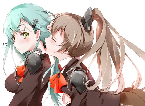 Anime picture 1366x1000 with kantai collection suzuya heavy cruiser kumano heavy cruiser hayakawa akari long hair blush fringe breasts open mouth simple background brown hair large breasts white background multiple girls green eyes looking away ponytail eyes closed aqua hair embarrassed