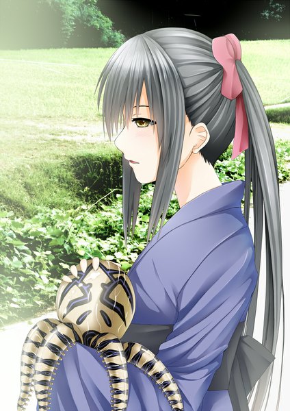 Anime picture 706x1000 with original creek (moon-sky) single long hair tall image open mouth black hair brown eyes ponytail traditional clothes japanese clothes profile girl bow hair bow kimono