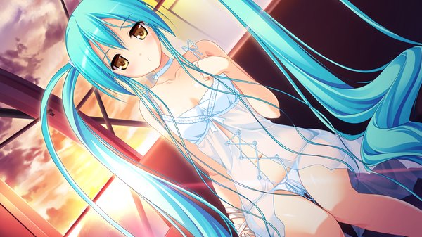 Anime picture 2560x1440 with gensou no idea kokoro (gensou no idea) makita maki single long hair looking at viewer blush highres light erotic wide image sitting twintails bare shoulders brown eyes game cg sky cloud (clouds) very long hair aqua hair girl
