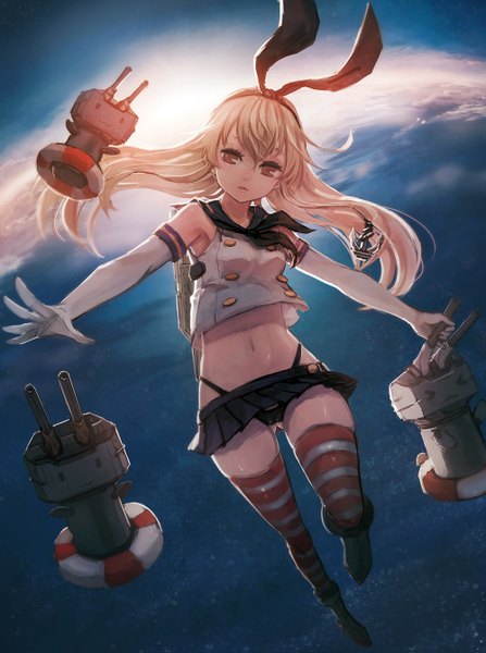 Anime picture 1000x1343 with kantai collection shimakaze destroyer rensouhou-chan bryanth single long hair tall image fringe breasts light erotic blonde hair brown eyes looking away sky cloud (clouds) pleated skirt midriff :3 > < girl