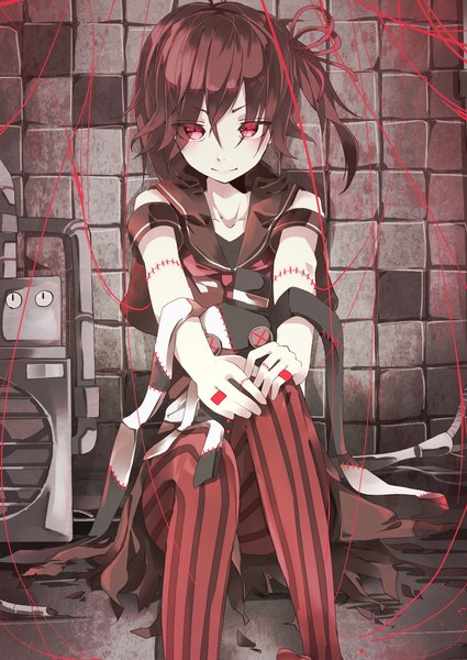Anime picture 800x1129 with original noroma single tall image fringe red eyes brown hair sitting looking away light smile hug torn clothes against wall girl thighhighs uniform bow ribbon (ribbons) hair ribbon pantyhose