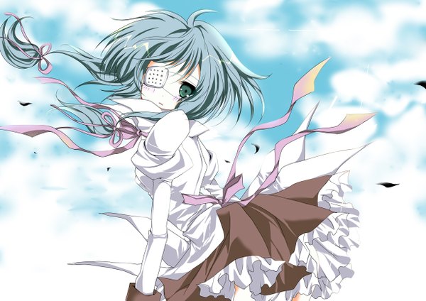 Anime picture 1228x868 with original umino mizu single long hair blue eyes blue hair cloud (clouds) girl dress ribbon (ribbons) hair ribbon eyepatch