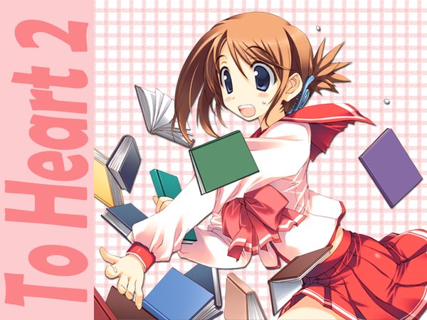Anime picture 1600x1200 with to heart 2 leaf (studio) komaki manaka highres blue eyes brown hair uniform school uniform book (books)