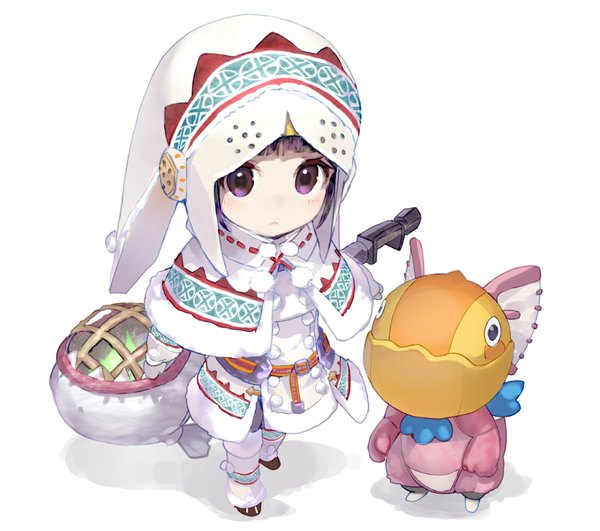 Anime picture 1123x995 with monster hunter monster hunter (character) lagombi (armor) shirabi single looking at viewer short hair open mouth black hair simple background white background purple eyes animal ears purple hair bunny ears alternate costume chibi girl animal belt