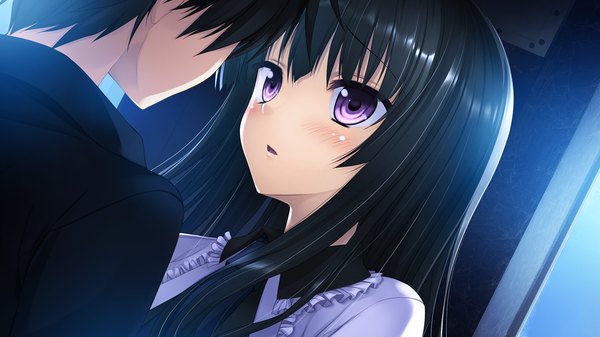 Anime picture 1280x720 with koiken otome minato shiho long hair blush short hair open mouth black hair wide image purple eyes game cg couple girl boy