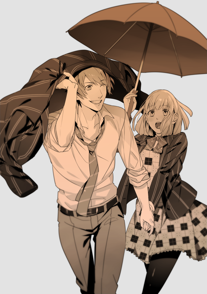 Anime picture 2480x3508 with uta no prince-sama a-1 pictures nanami haruka (uta no prince-sama) ittoki otoya haruno ake tall image blush highres short hair open mouth simple background blonde hair smile long sleeves one eye closed grey background embarrassed holding hands plaid skirt striped