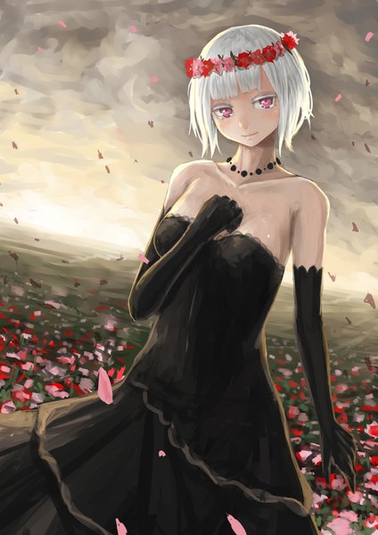 Anime picture 2893x4092 with original kasagarasu single tall image looking at viewer blush fringe highres short hair bare shoulders cleavage white hair blunt bangs head tilt pink eyes wind sleeveless hand on chest evening sunset