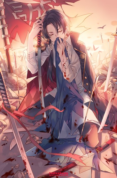 Anime picture 991x1500 with touken ranbu nitroplus kashuu kiyomitsu instockee single long hair tall image holding eyes closed torn clothes eyebrows injury blood stains bloody weapon morning sunrise cuts broken weapon boy ribbon (ribbons)