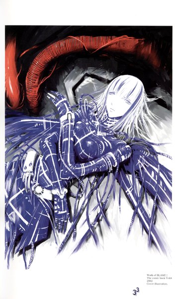 Anime picture 1201x1999 with blame! cibo nihei tsutomu single tall image looking at viewer short hair white hair scan inscription white eyes girl bodysuit cable