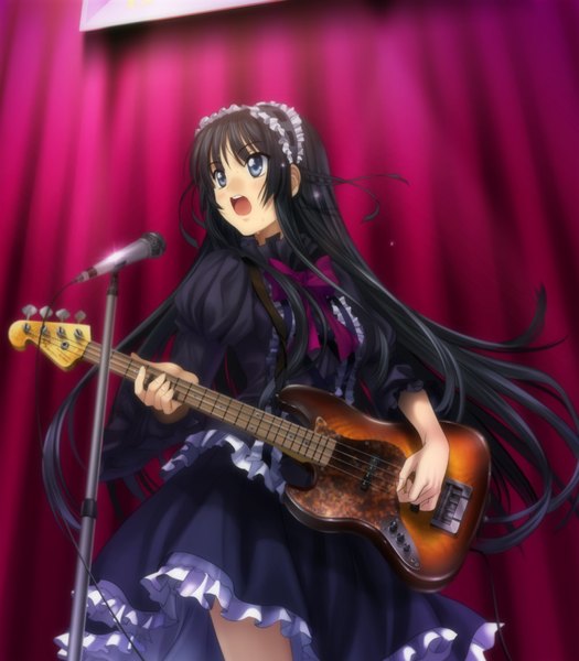 Anime picture 1000x1143 with k-on! kyoto animation akiyama mio mutsuki (moonknives) single long hair tall image open mouth blue eyes black hair lolita fashion girl dress headdress guitar microphone stand bass guitar