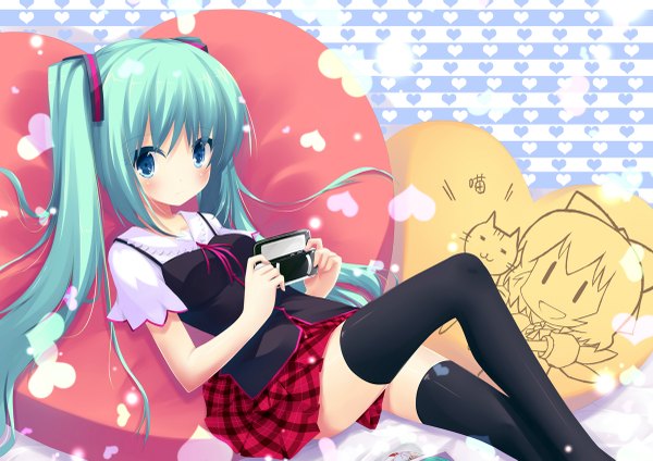 Anime picture 1200x849 with vocaloid hatsune miku liong (artist) blue eyes green hair girl thighhighs black thighhighs