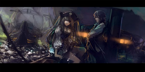 Anime picture 1700x851 with vocaloid hatsune miku blueman long hair short hair wide image sitting letterboxed girl boy water eyepatch watercraft ship pirate hat