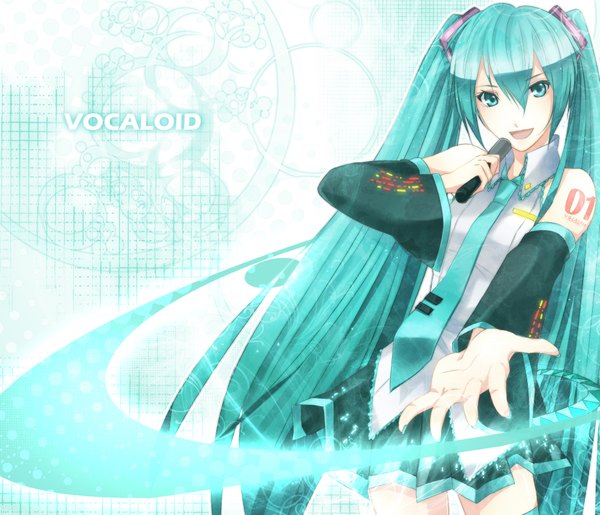Anime picture 1980x1700 with vocaloid hatsune miku single long hair highres open mouth twintails bare shoulders aqua eyes aqua hair singing girl skirt detached sleeves miniskirt necktie microphone
