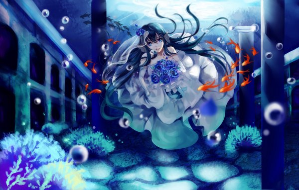 Anime picture 1500x956 with original etin long hair looking at viewer open mouth blue eyes black hair smile bare shoulders hair flower sunlight underwater ruins girl dress hair ornament flower (flowers) ribbon (ribbons) animal water
