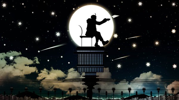 Anime picture 2560x1440 with harada miyuki single highres short hair wide image sitting sky cloud (clouds) ahoge silhouette shooting star boy boots star (symbol) moon star (stars) chair full moon power lines paper airplane